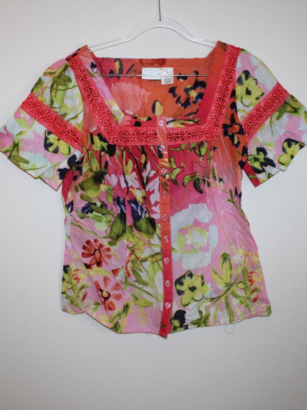 Harve Benard Floral Peasant Blouse Cotton Top Button Front Shirt M Short Sleeve